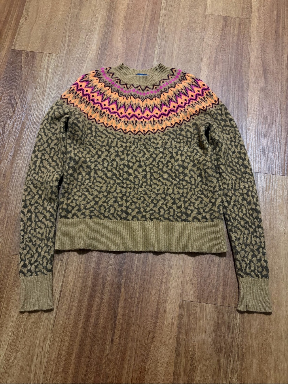 Brooks Brothers Wool Blend Fair Isle Sweater Leopard Print Orange/Pink Accents S